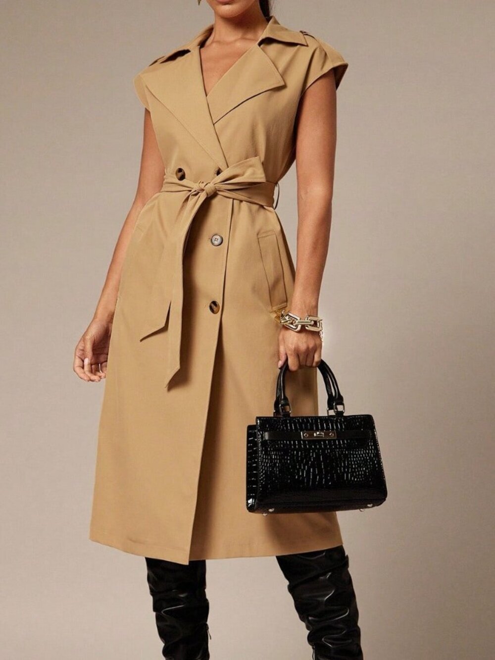 Khaki Elegant Women's Sleeveless Double-Breasted Belted Trench Coat